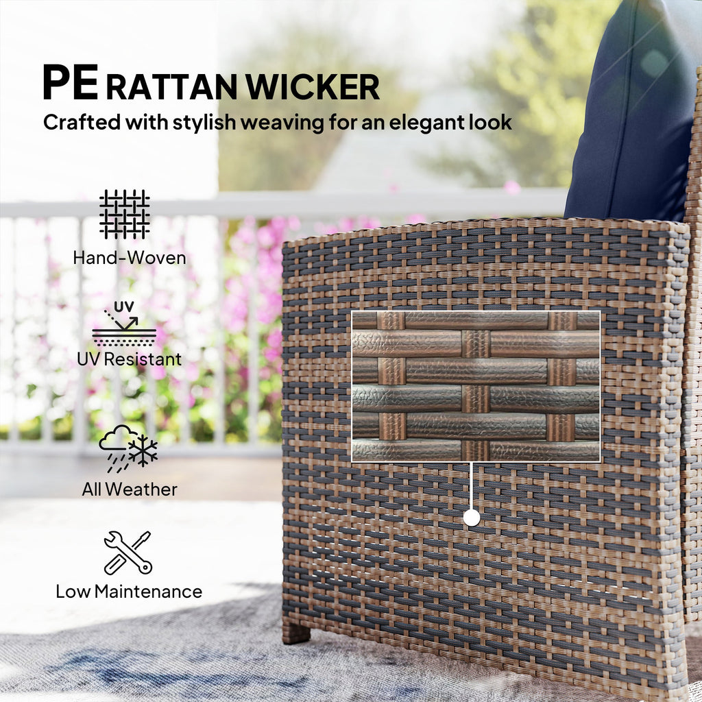 5-Piece Patio Set with Ottomans and 2-Tier Glass Table, Brown and Dark Blue