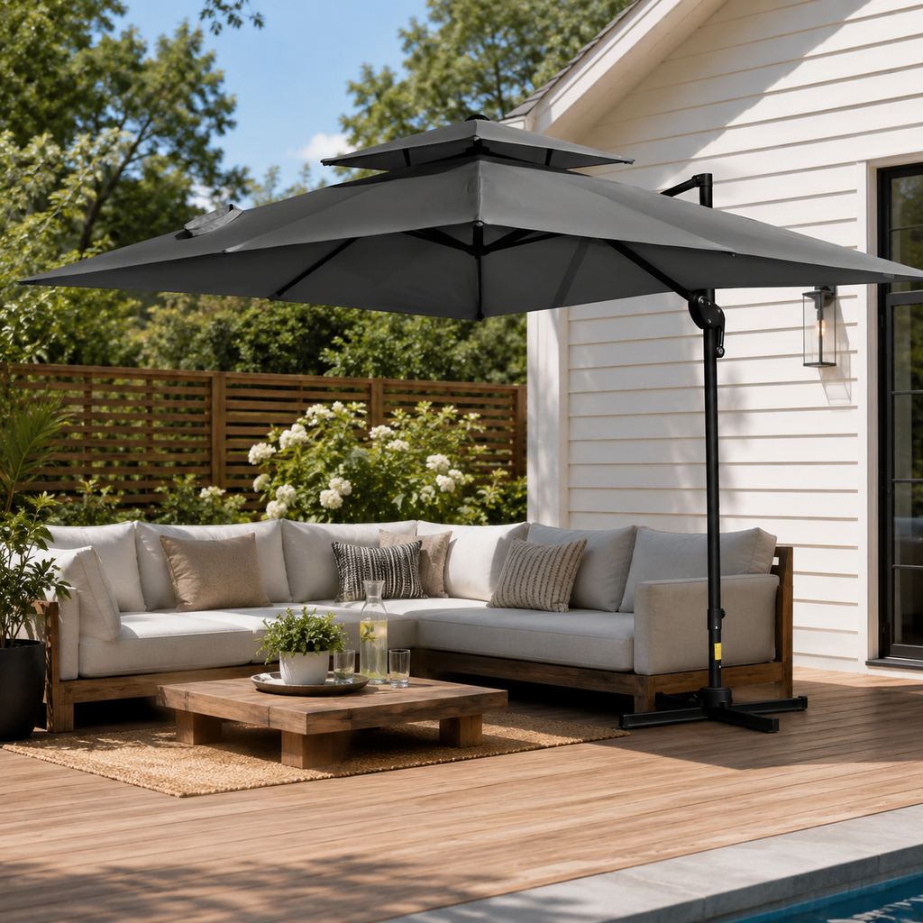 10' x 10' Double Top Square Offset Umbrella with Umbrella Cover, Charcoal Grey