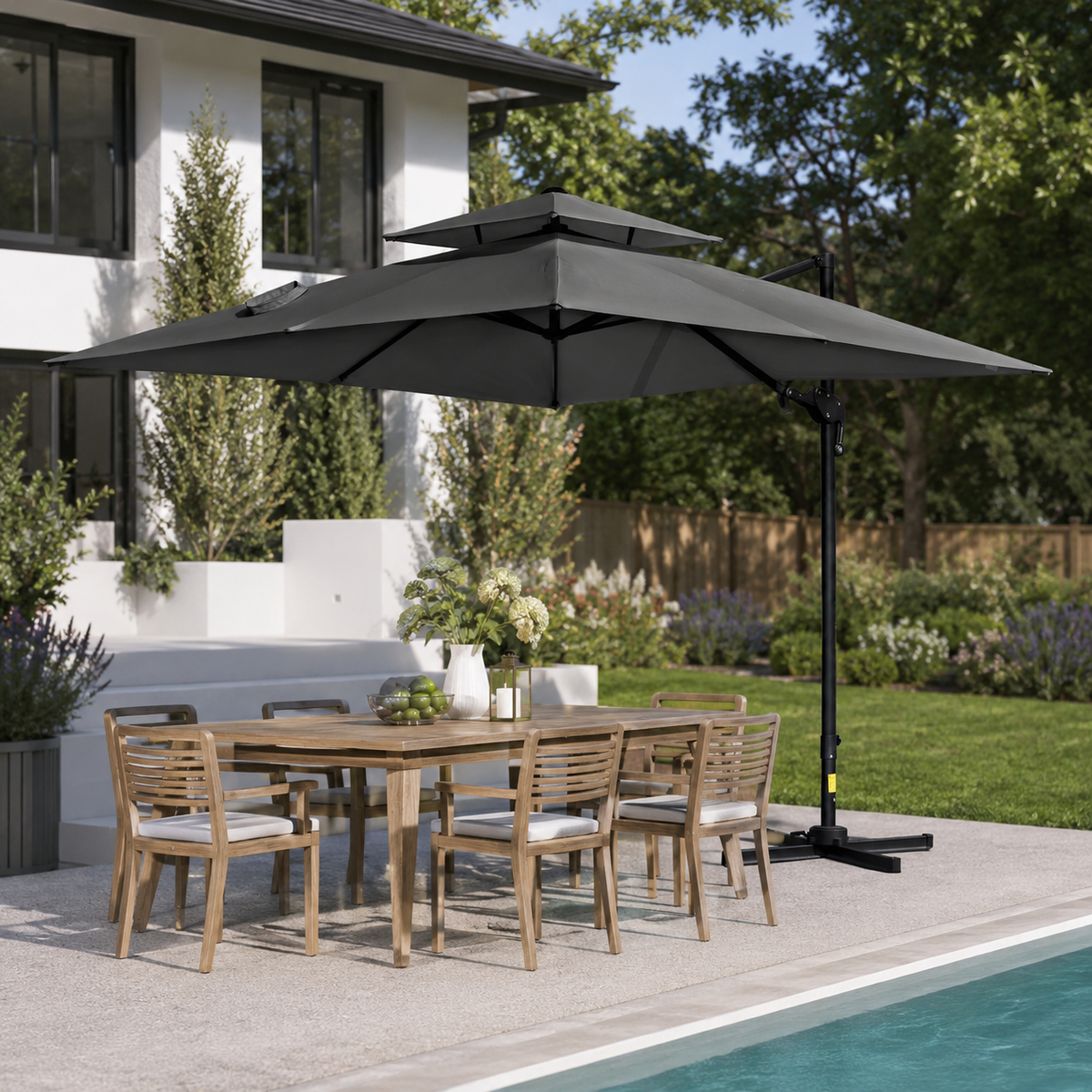 10' x 10' Double Top Square Offset Umbrella with Umbrella Cover, Charcoal Grey