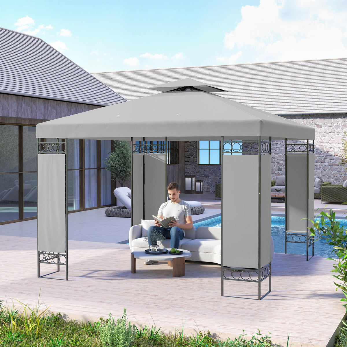 10 x 10 ft Canopy Gazebo with Double Roof and Screen Panels, Light Grey