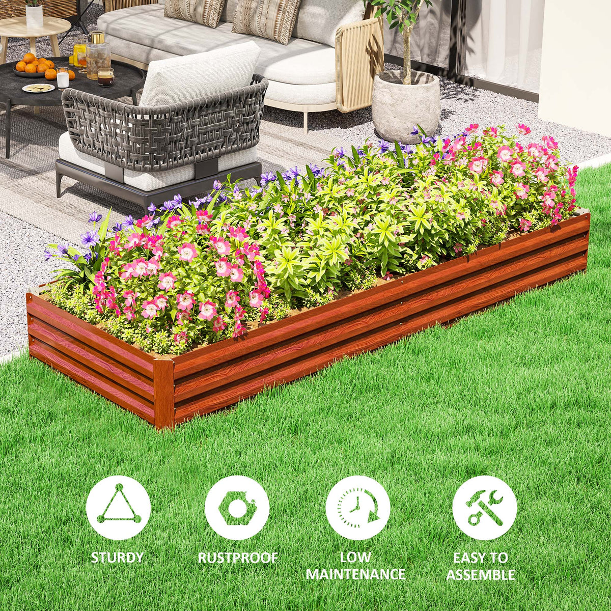 8' x 3' x 1' Galvanized Raised Garden Bed for Growing Flowers, Succulents, Natural Wood