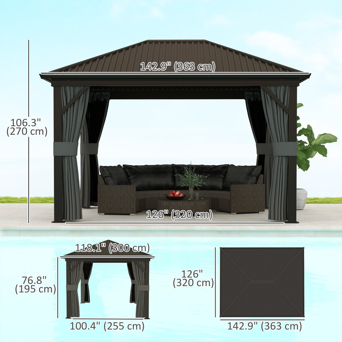 10' x 12' Hardtop Gazebo with Aluminum Frame & Top Hook, Dark Grey