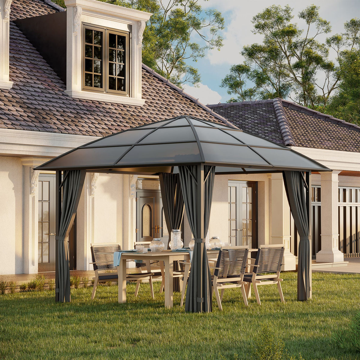 10' x 10' Pergola with Retractable Canopy & Curtains, Dark Grey