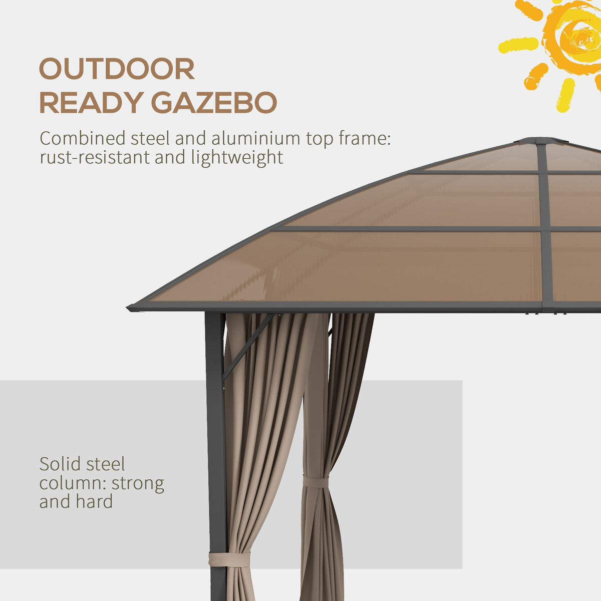 10' x 10' Hardtop Gazebo with UV60+ Polycarbonate Roof, Khaki