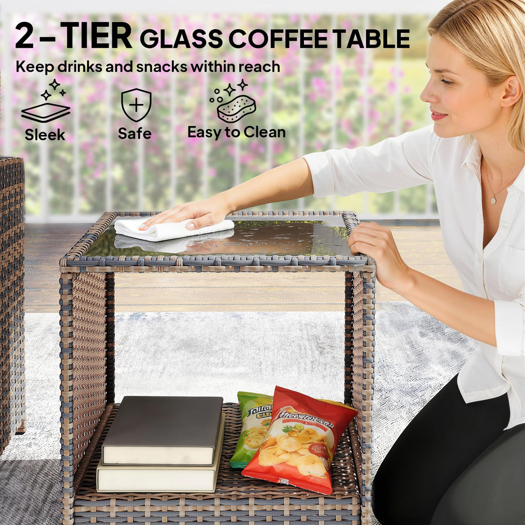 5-Piece Wicker Patio Set with Ottomans and 2-Tier Glass Table, Brown, Dark Grey