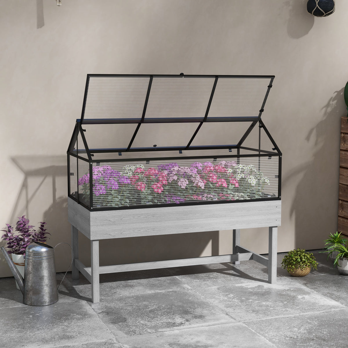 NookGrow Wood Raised Garden Bed with Cold Frame Greenhouse, Distressed Grey