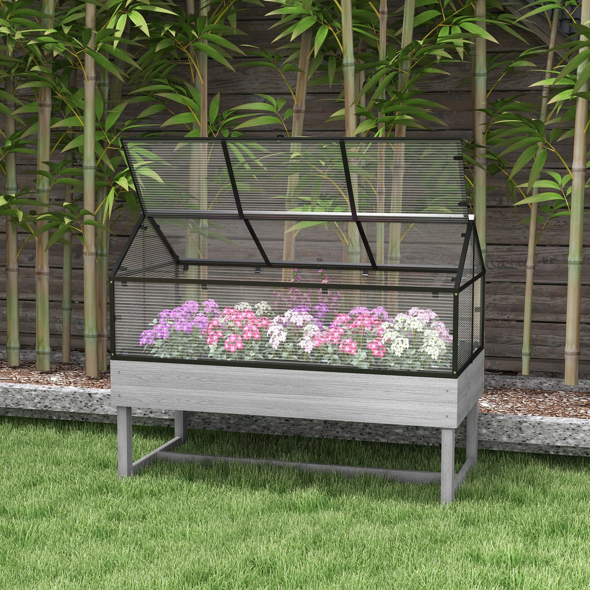 NookGrow Wood Raised Garden Bed with Cold Frame Greenhouse, Distressed Grey