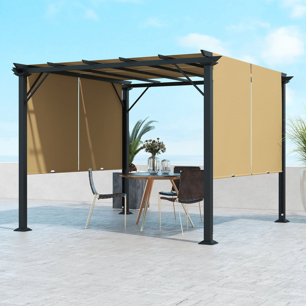 10' x 10' Outdoor Gazebo with Sun Shade Canopy and Steel Frame, Brown