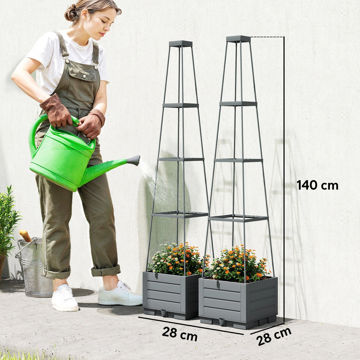 2 Pack Raised Garden Beds with Trellis & Drainage Tray, 28 x 28 x 140 cm