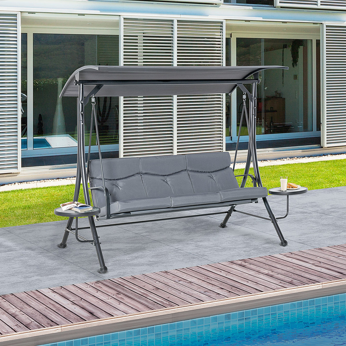 3 Seat Swing Bench Chair w/ Adjustable Canopy & Cushion for Patio Garden, Dark Grey