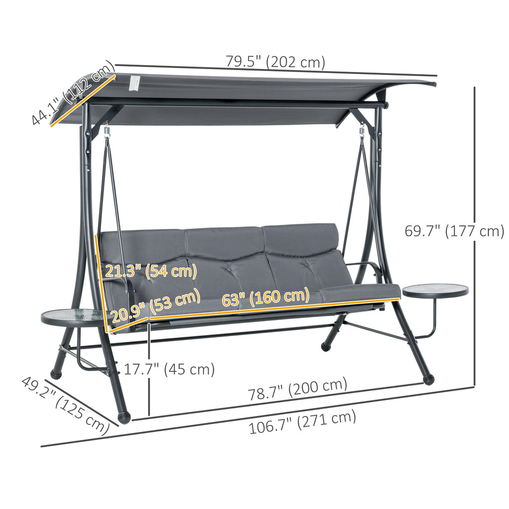 3 Seat Swing Bench Chair w/ Adjustable Canopy & Cushion for Patio Garden, Dark Grey