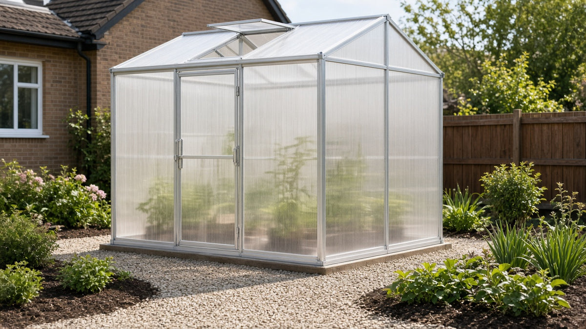 Polycarbonate greenhouse in a yard in daylight