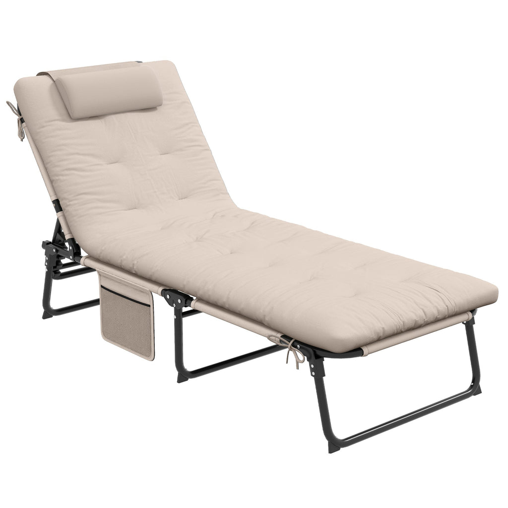 Folding Portable Lounge Chair with 4-level Reclining Back & Cushion for Garden, Beige