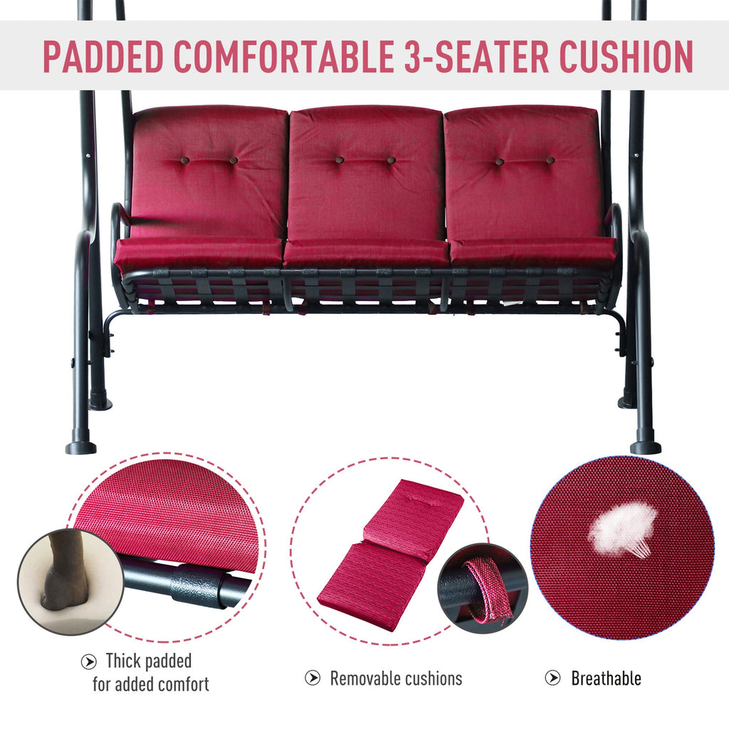 3-Person Cushioned Swing Bench w/ Adjustable Canopy & Weather Resistant Frame, Wine Red