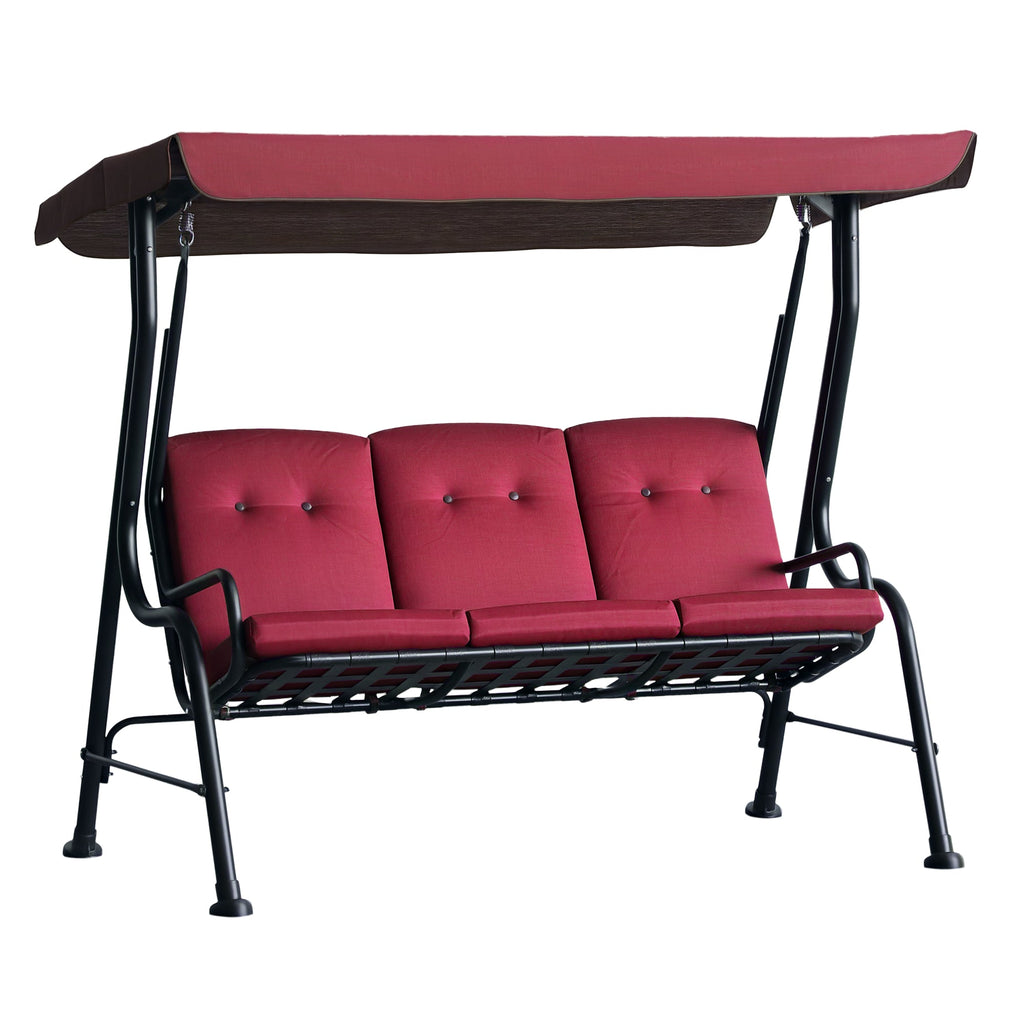 3-Person Cushioned Swing Bench w/ Adjustable Canopy & Weather Resistant Frame, Wine Red