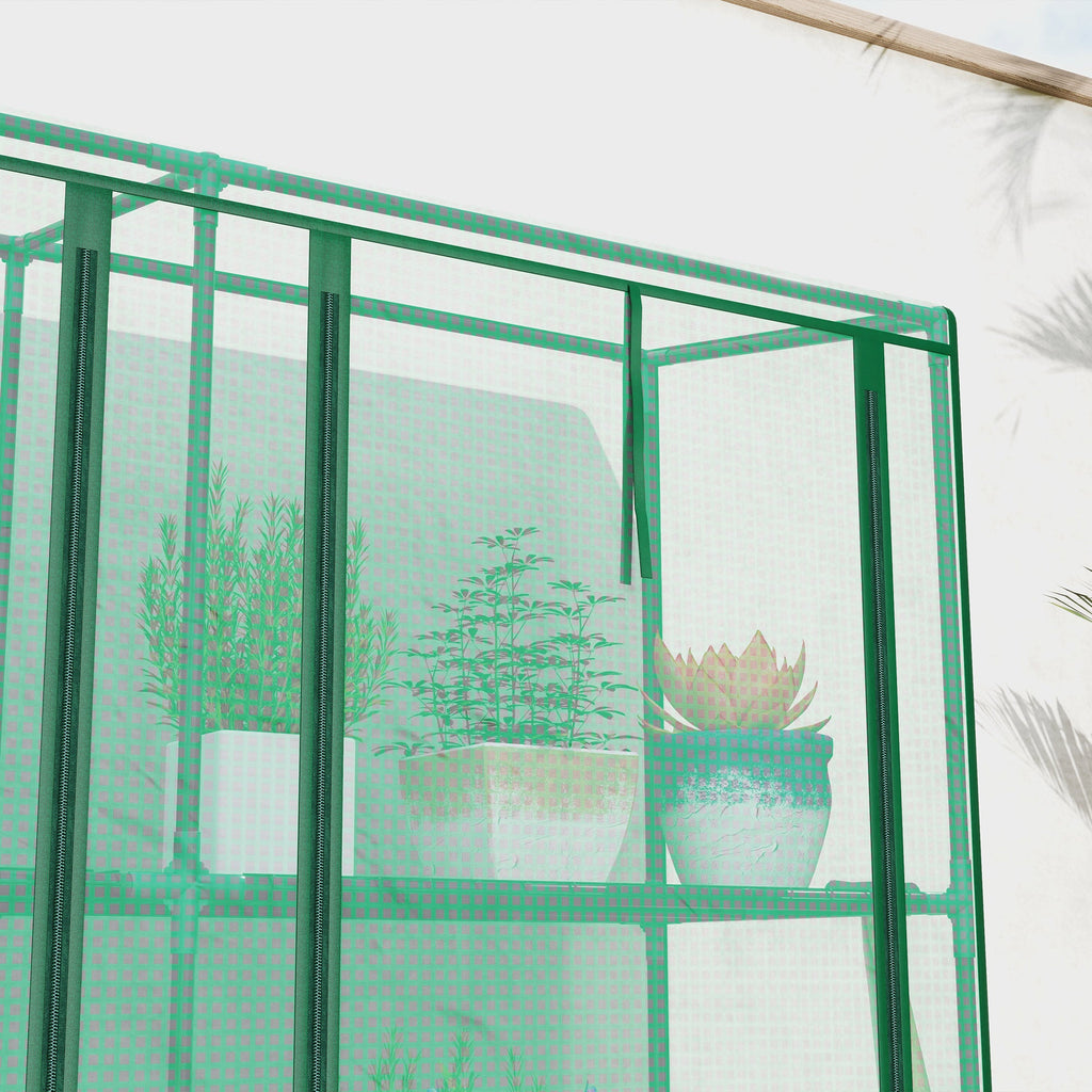 Lean-to Mini Greenhouse with 3 Tier Shelves & 3 Roll-Up Doors, 84.6" x 18.1" x 56.7", Green