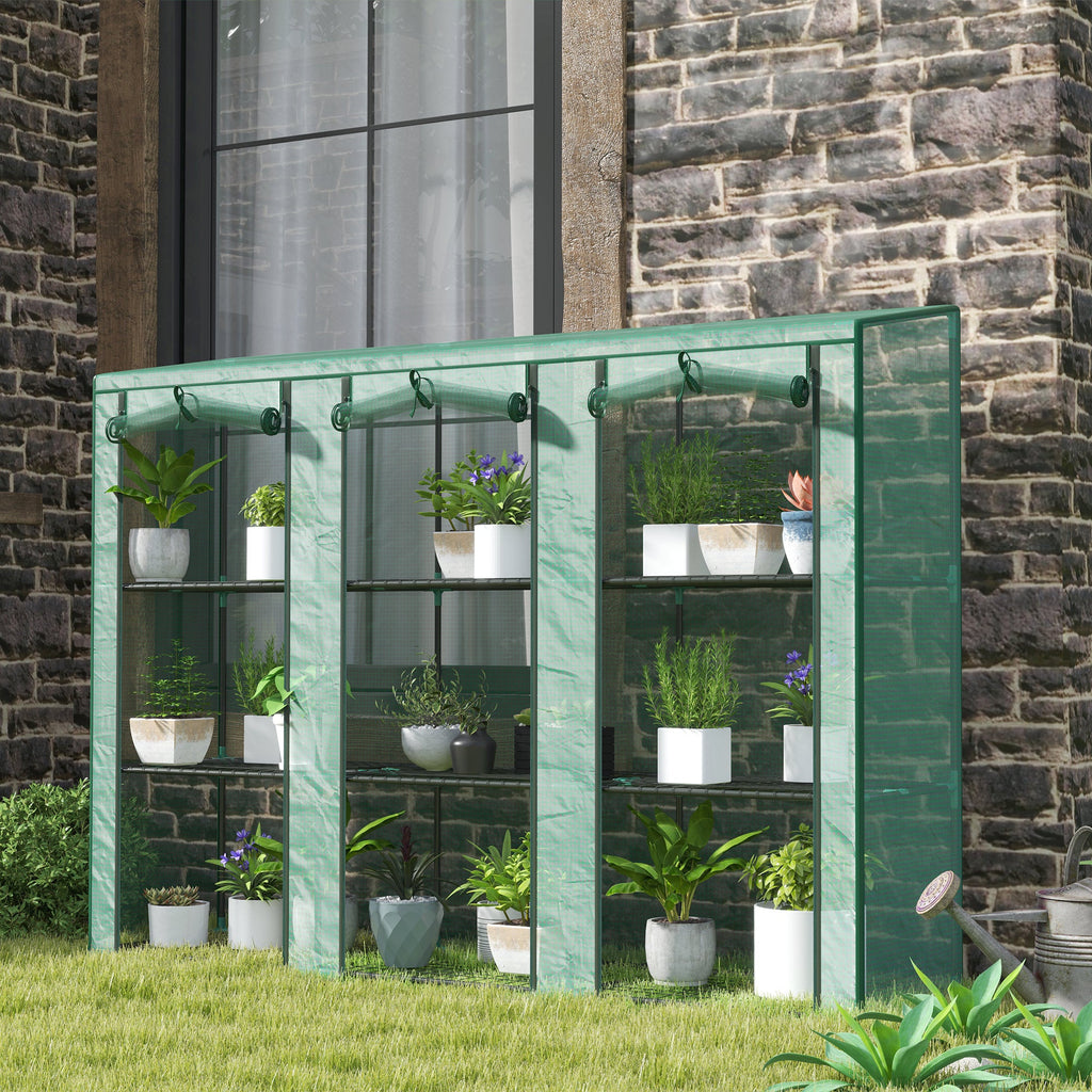 Lean-to Mini Greenhouse with 3 Tier Shelves & 3 Roll-Up Doors, 84.6" x 18.1" x 56.7", Green