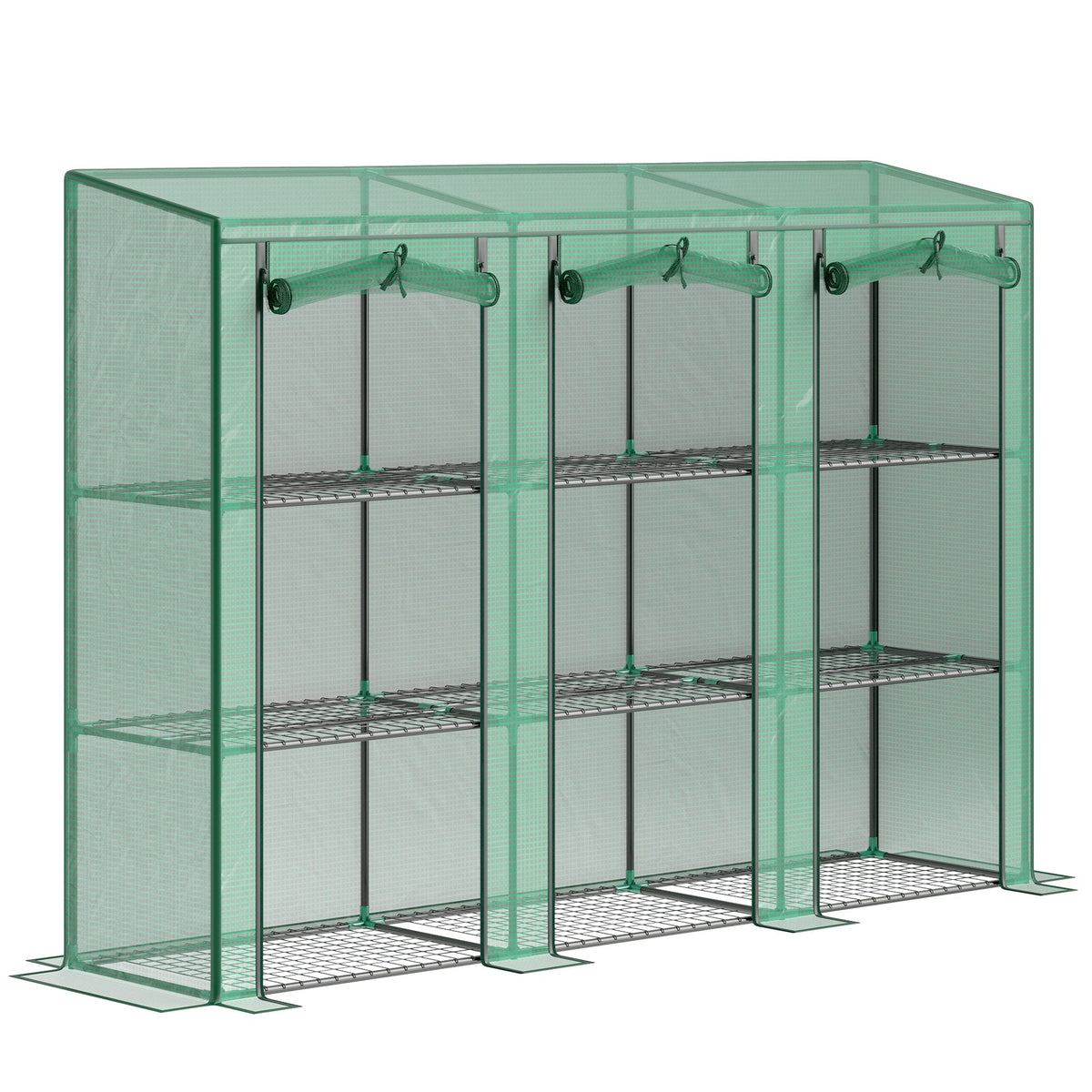 Lean-to Mini Greenhouse with 3 Tier Shelves & 3 Roll-Up Doors, 84.6" x 18.1" x 56.7", Green