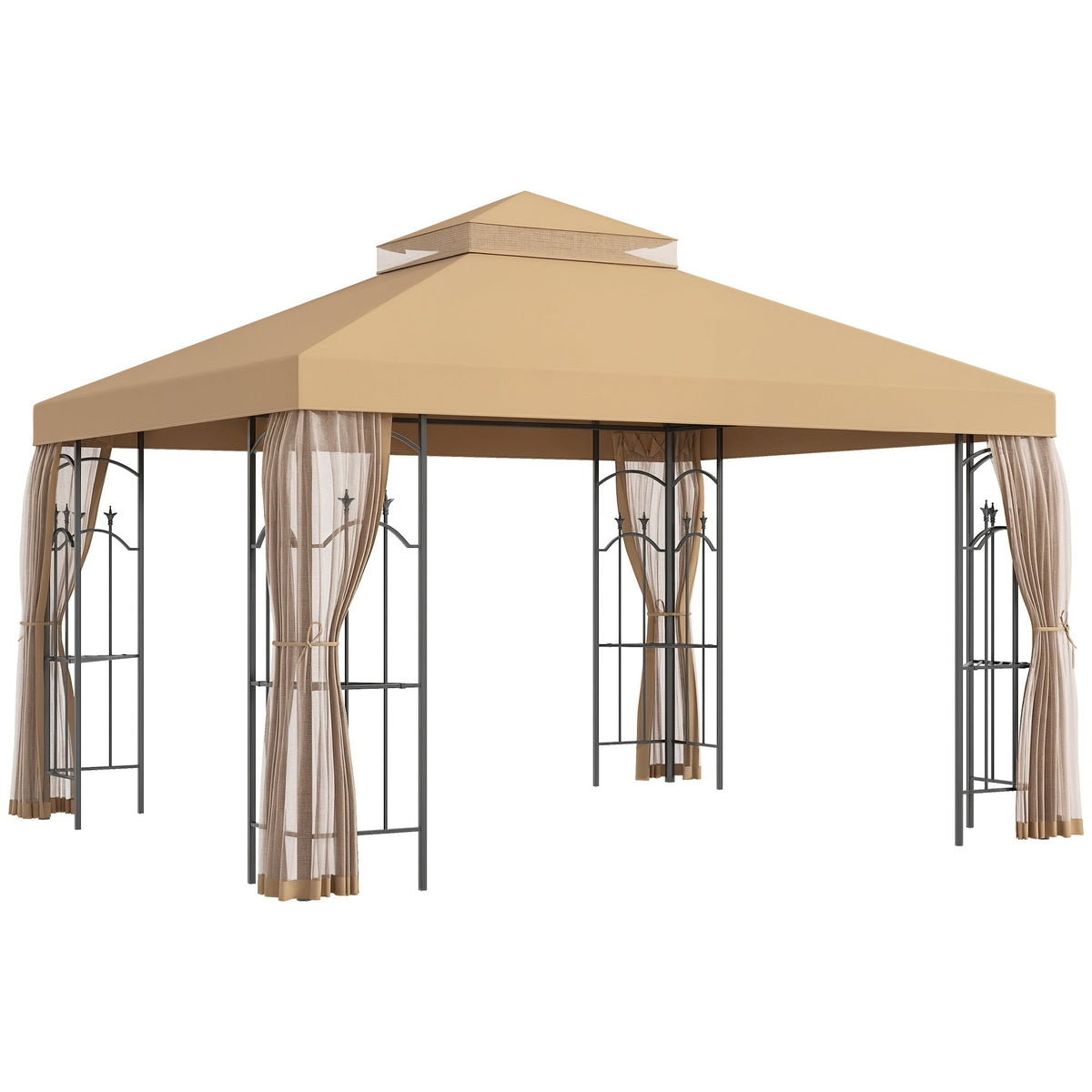 10' x 12' Patio Gazebo with Corner Shelves and Netting, Brown