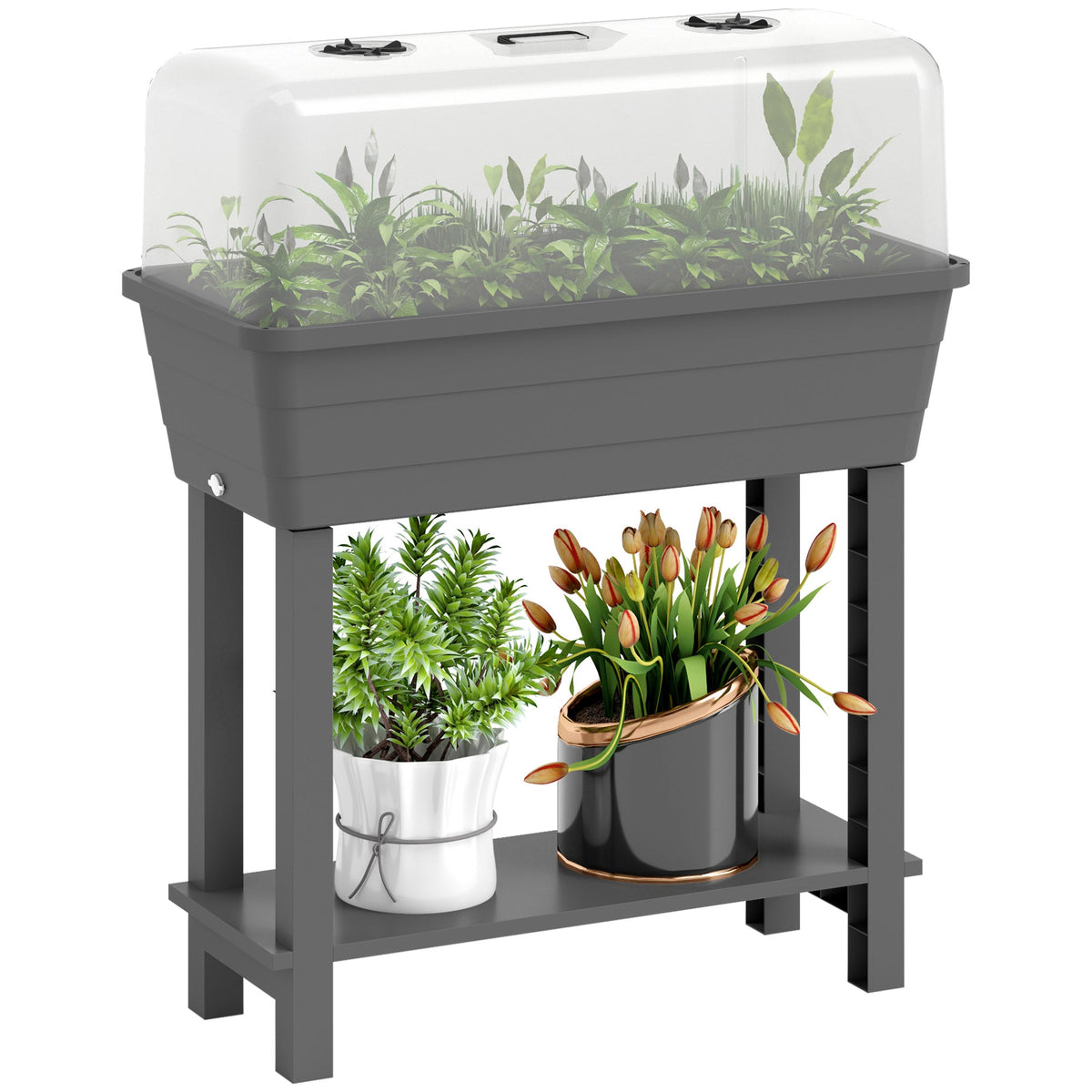 Self-Watering Raised Garden Bed with Ventilation Lid, Water Level Indicator, 29.5" x 14.2" x 36.2", Dark Grey