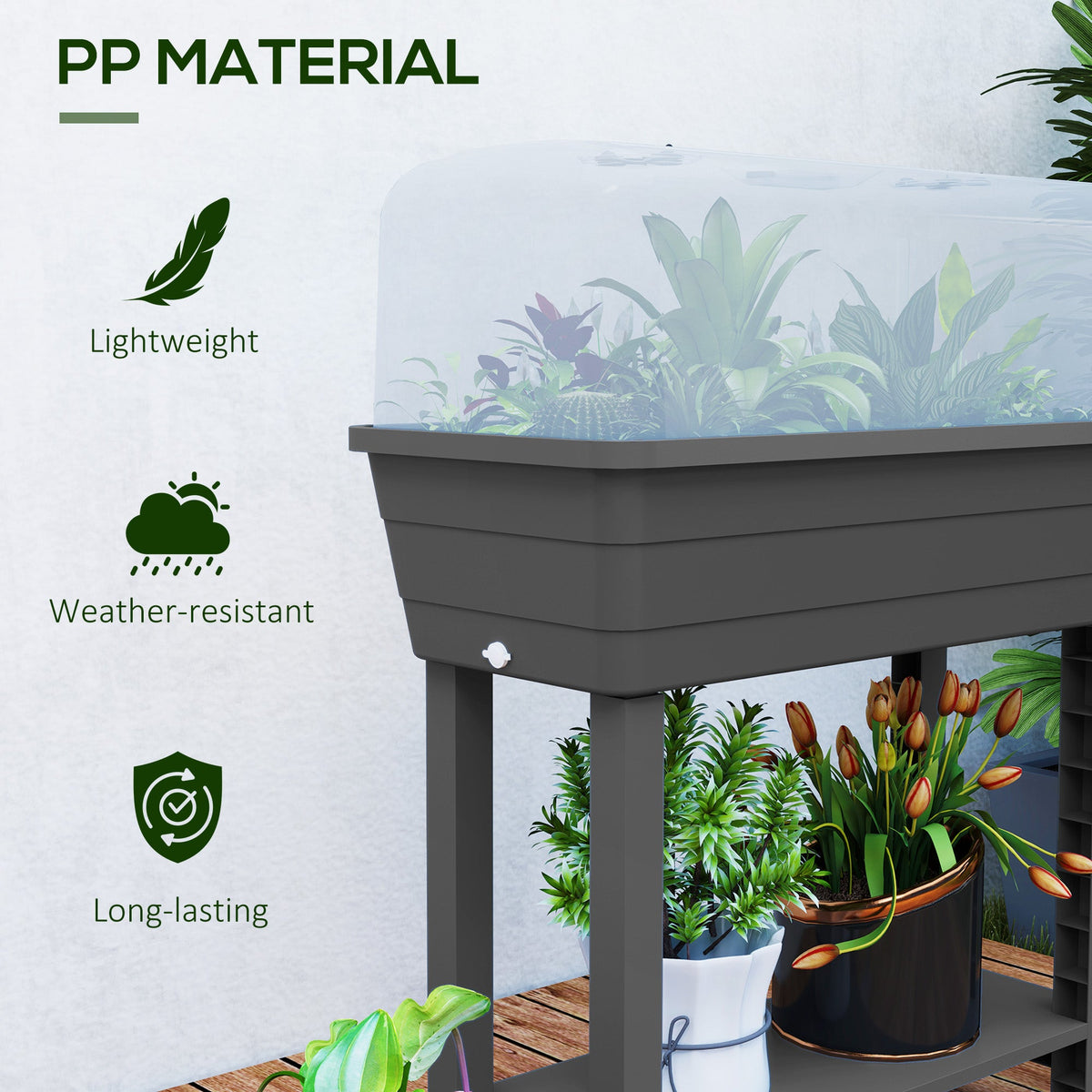 Self-Watering Raised Garden Bed with Ventilation Lid, Water Level Indicator, 29.5" x 14.2" x 36.2", Dark Grey