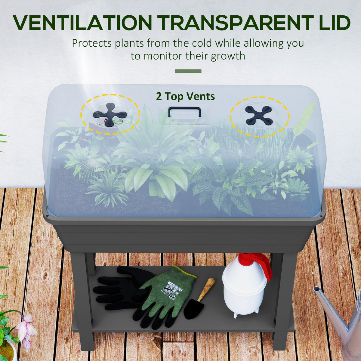 Self-Watering Raised Garden Bed with Ventilation Lid, Water Level Indicator, 29.5" x 14.2" x 36.2", Dark Grey