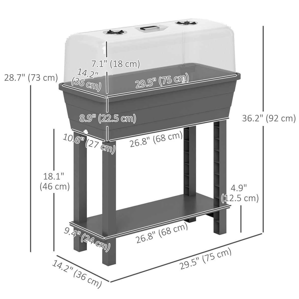 Self-Watering Raised Garden Bed with Ventilation Lid, Water Level Indicator, 29.5" x 14.2" x 36.2", Dark Grey