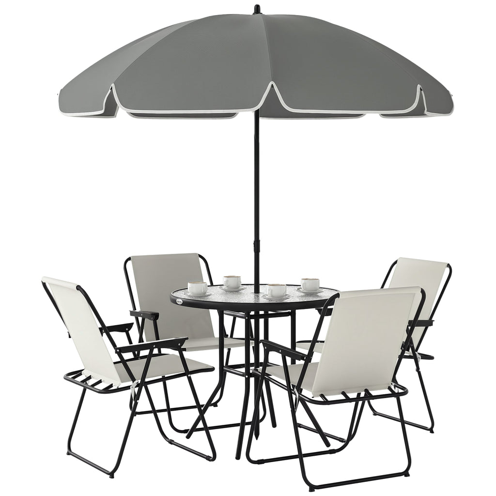 6 Piece Garden Dining Set with Parasol, Folding Chairs & Round Table, Cream White