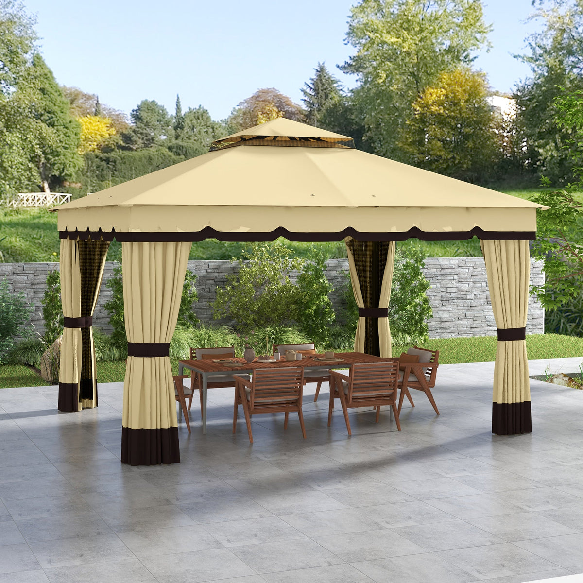 10' x 12' Double Roof Gazebo with Netting & Curtains, Beige