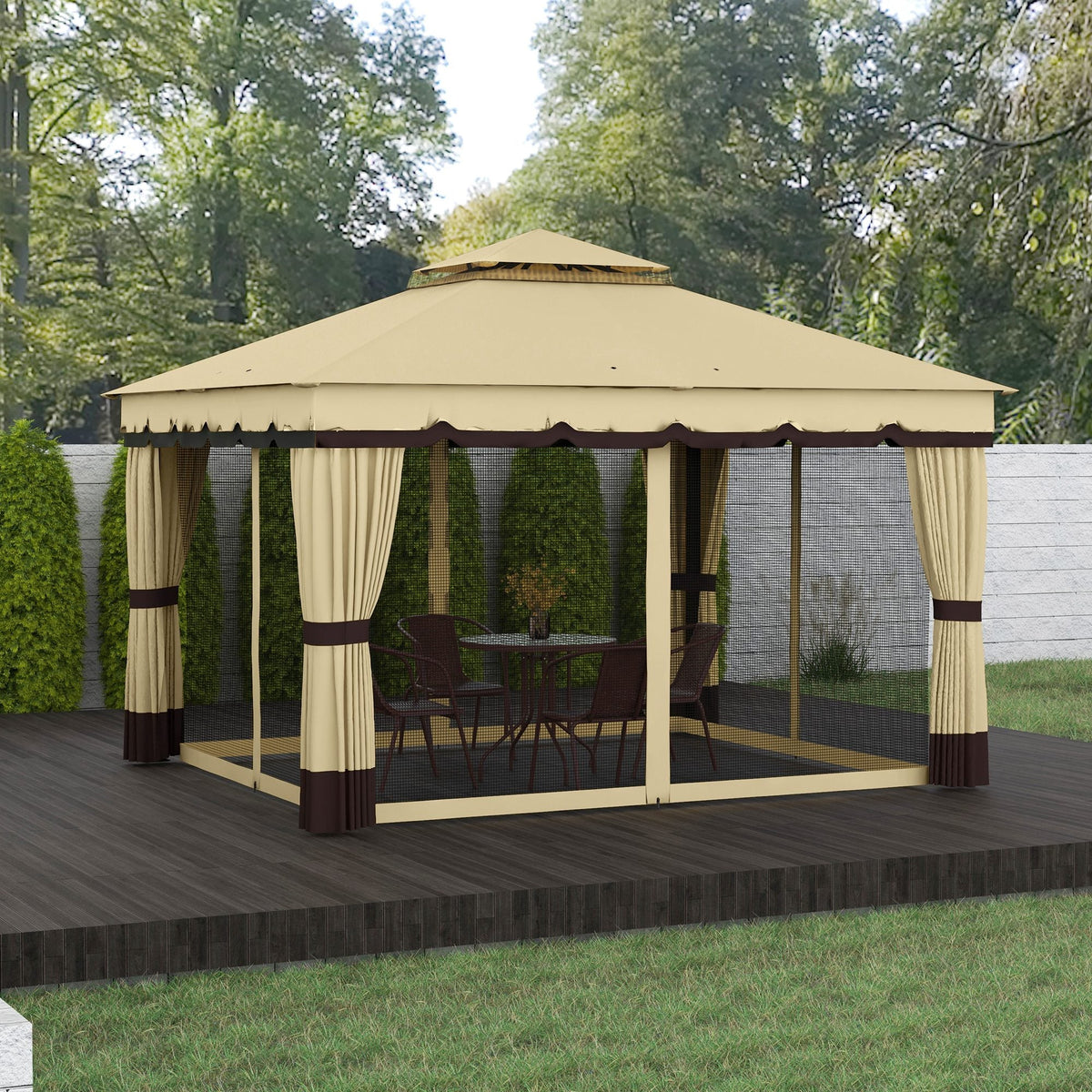 10' x 12' Double Roof Gazebo with Netting & Curtains, Beige