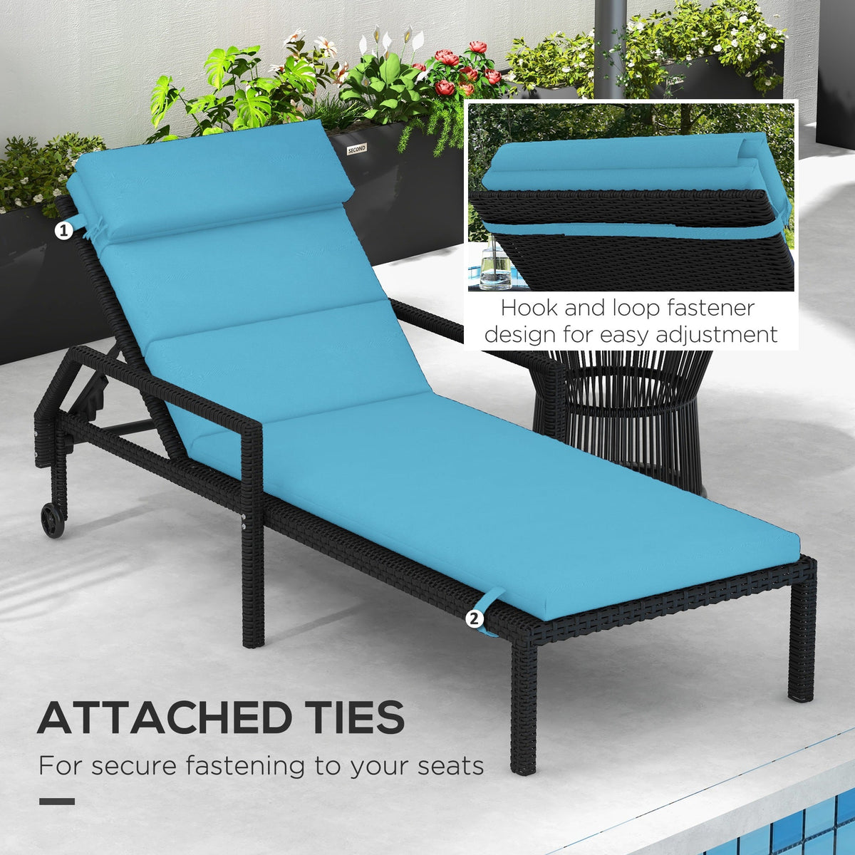 Patio Chaise Lounge Chair Cushion Replacement Lounger Pads w/ Headrest & Ties, Turquoise