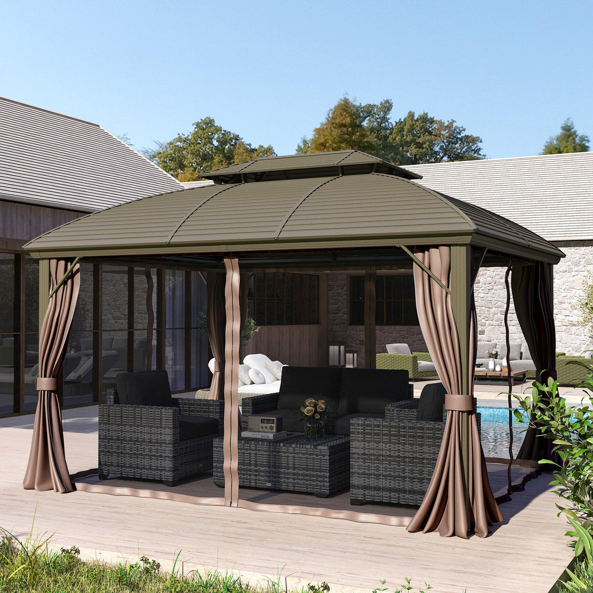 10' x 12' Hardtop Gazebo with Double Roof & Aluminum Frame, Coffee