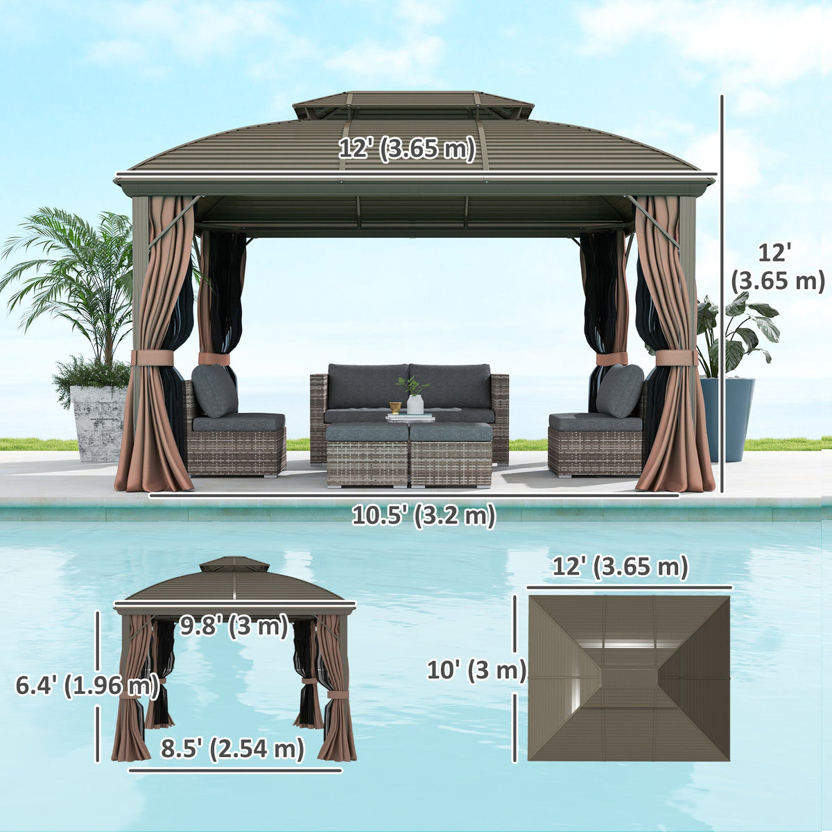 10' x 12' Hardtop Gazebo with Double Roof & Aluminum Frame, Coffee