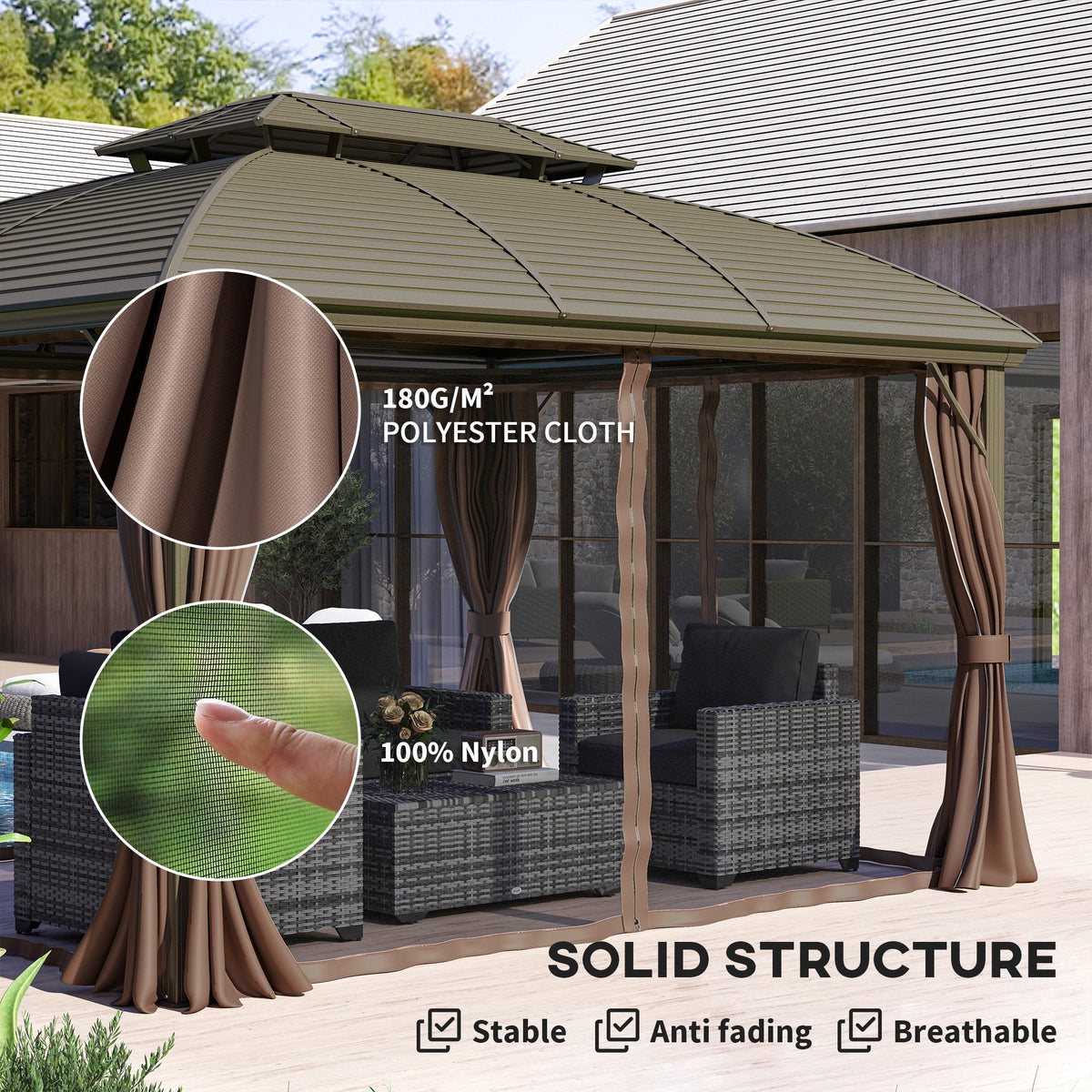 10' x 12' Hardtop Gazebo with Double Roof & Aluminum Frame, Coffee