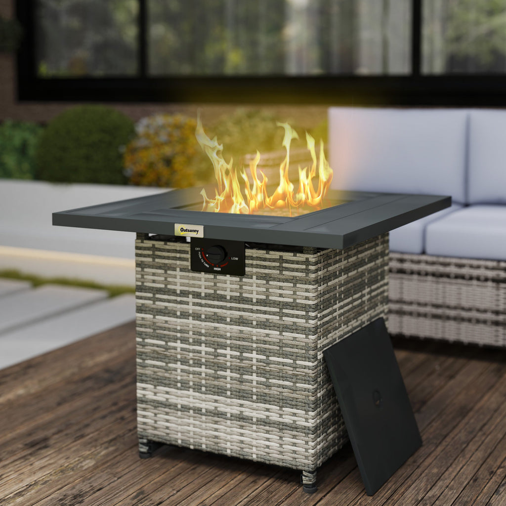 28¡° Propane Fire Pit Table, 40,000 BTU Rattan Gas Fire Pit w/ Rain Cover, Mixed Grey