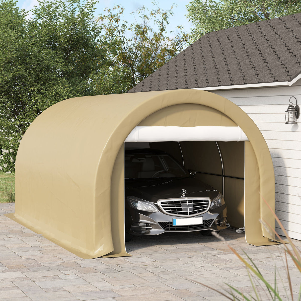 10' x 16' Portable Garage with Zippered Door and Anti-UV PE Cover, Beige