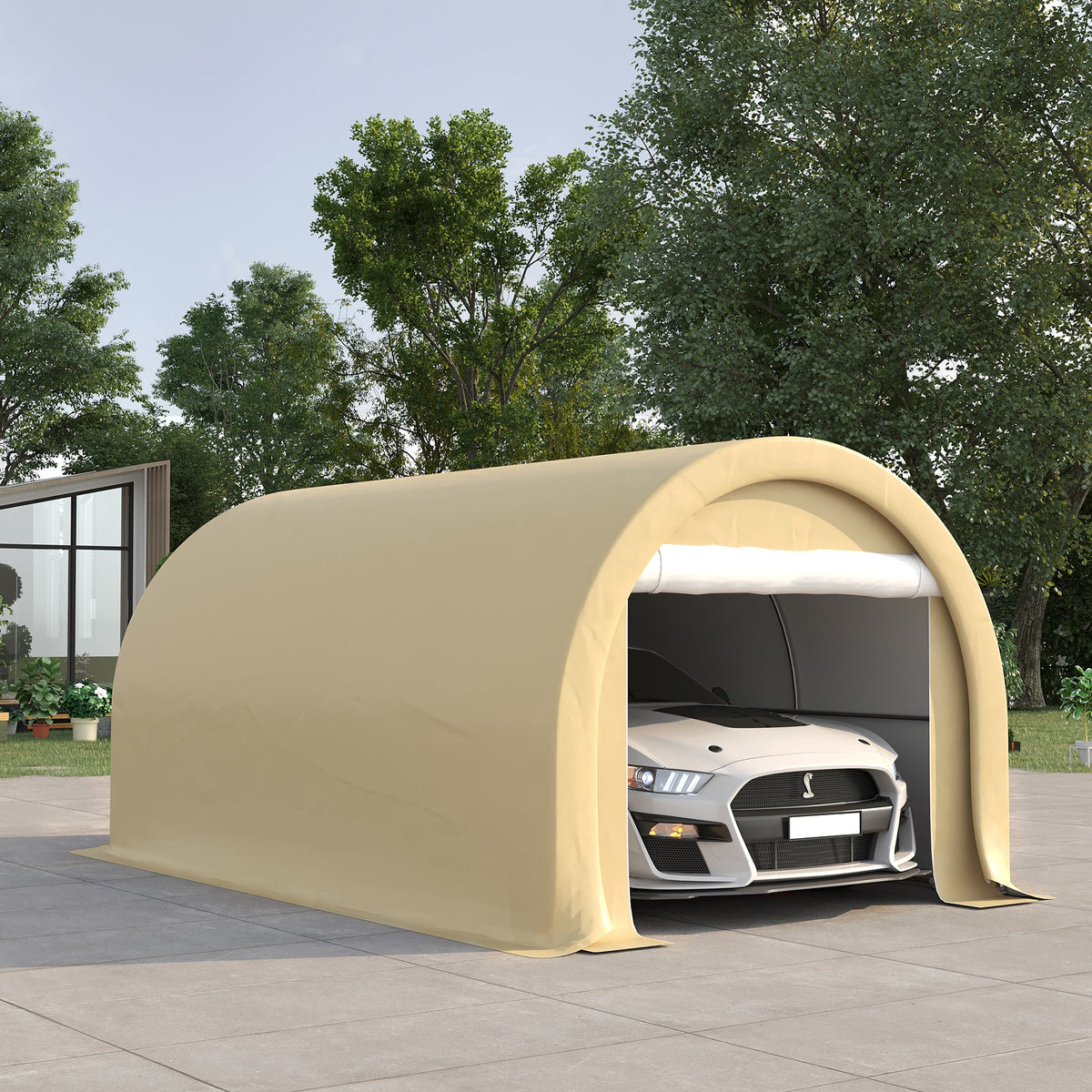 10' x 16' Portable Garage with Zippered Door and Anti-UV PE Cover, Beige