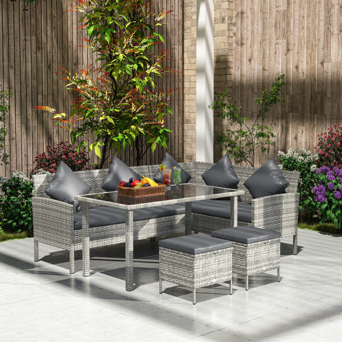 5 Piece Rattan Garden Furniture Set, 6 Seater Corner Dining Set, Dark Grey