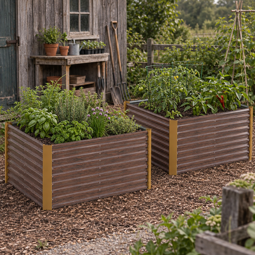 Set of 2 Metal Raised Garden Beds, 4' x 2' x 2' Galvanized Planters, Distressed Dark Brown