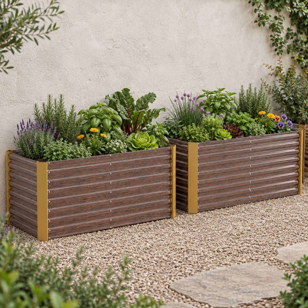 Set of 2 Metal Raised Garden Beds, 4' x 2' x 2' Galvanized Planters, Distressed Dark Brown