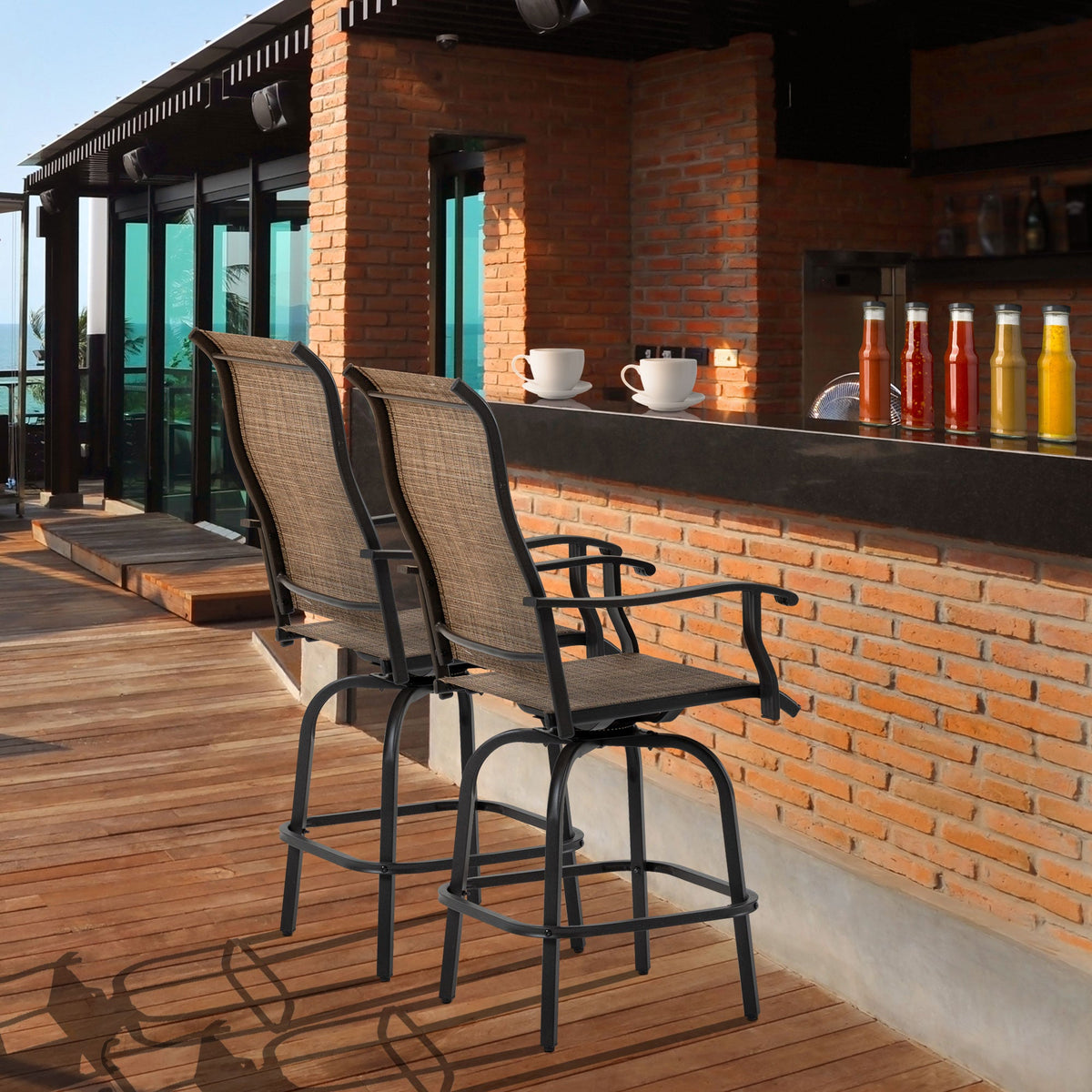 Outdoor Bar Stools Set of 2, Swivel Bar Height Chairs w/ High Back & Curved Armrests, Brown