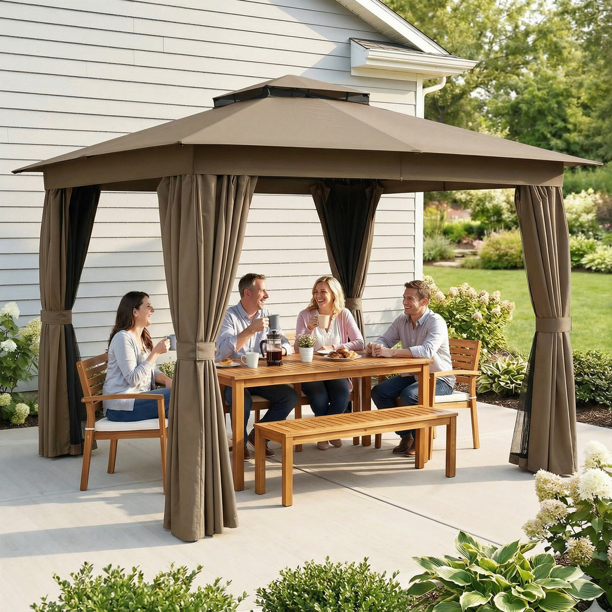 10' x 10' Soft Top Gazebo Canopy Shelter with Double Roof, UPF30+ Protection for Lawn, Backyard, Deck, Khaki