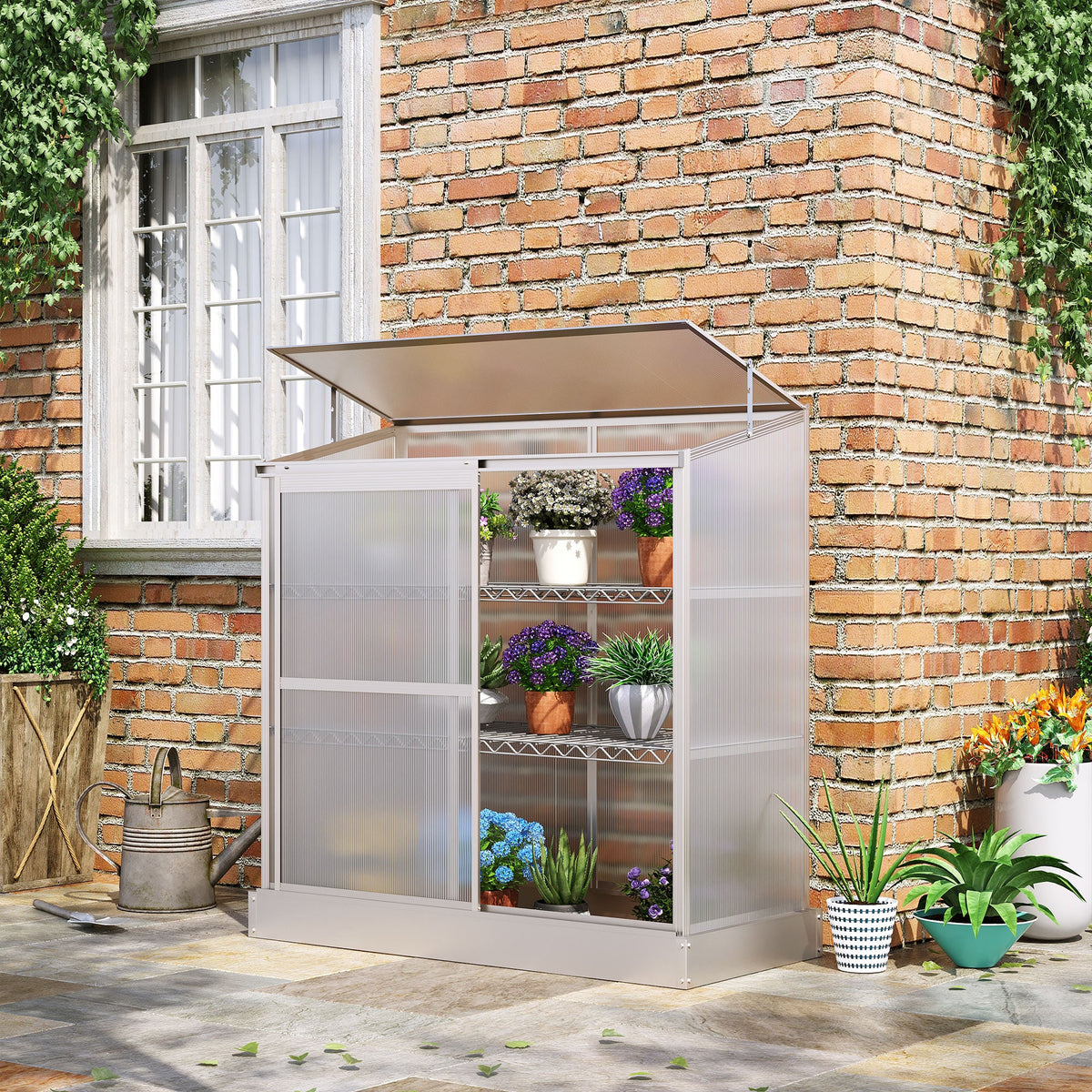 52" x 23" x 55" Aluminum Cold Frame Greenhouse with Openable Top & 2 Shelves, Silver
