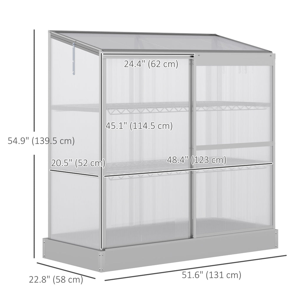 52" x 23" x 55" Aluminum Cold Frame Greenhouse with Openable Top & 2 Shelves, Silver