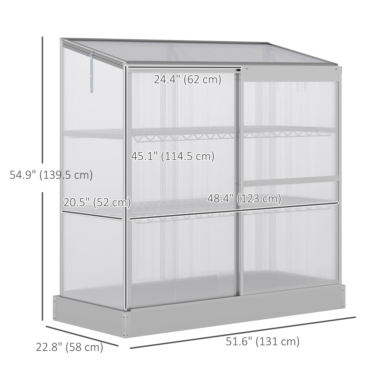52" x 23" x 55" Aluminum Cold Frame Greenhouse with Openable Top & 2 Shelves, Silver