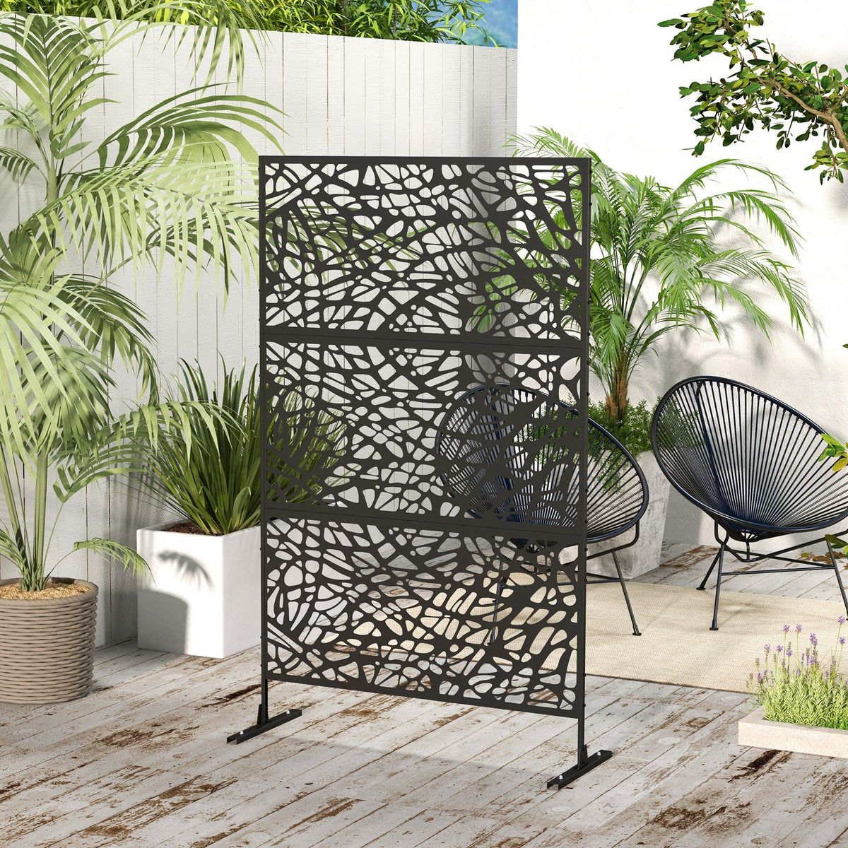 6.5FT Decorative Outdoor Divider, Metal Privacy Screen with Stand, Twisted Line, Black