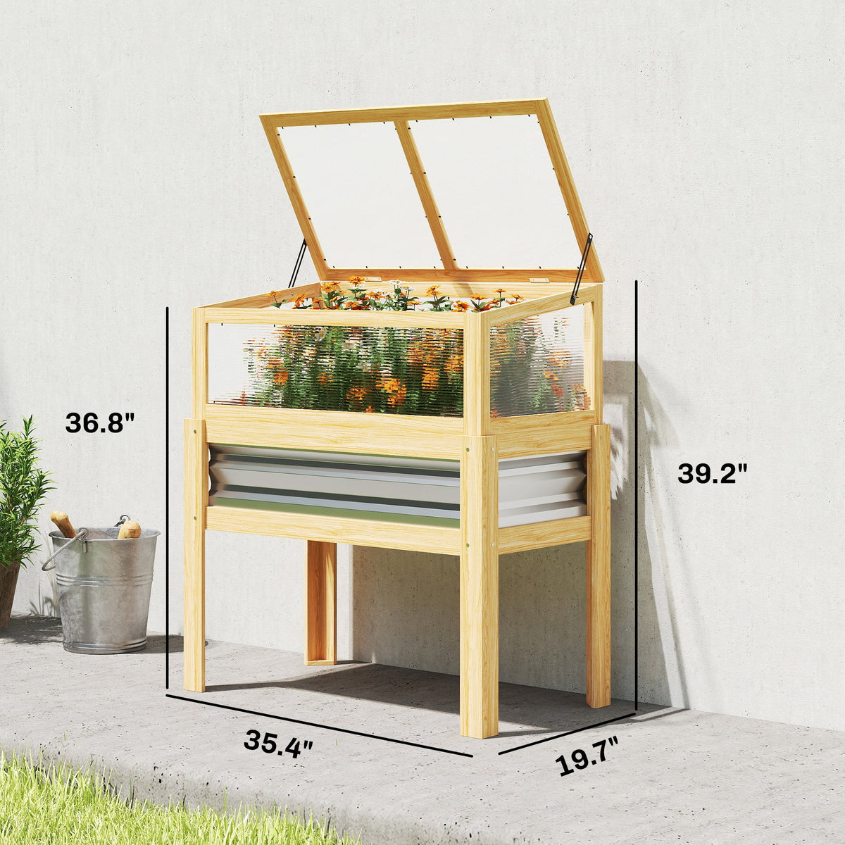Raised Garden Bed with Detachable Greenhouse Top and Legs, Natural