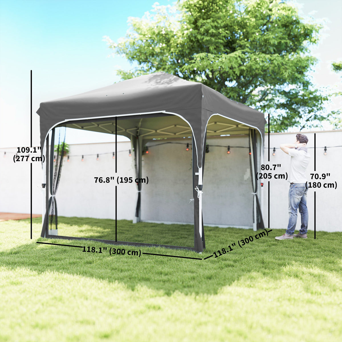 10 x 10 ft Pop Up Canopy Tent with Mosquito Netting and Sandbags, Dark Grey
