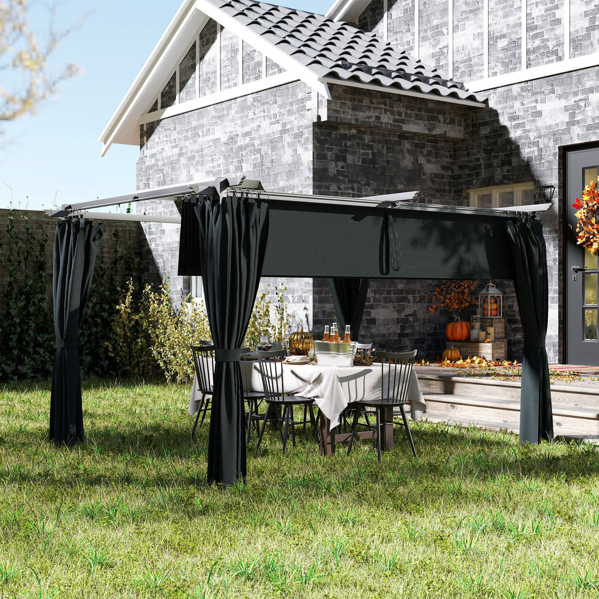 10' x 13' Retractable Pergola All Weather Resistant with UPF30+ Canopy & Privacy Curtains, Dark Grey