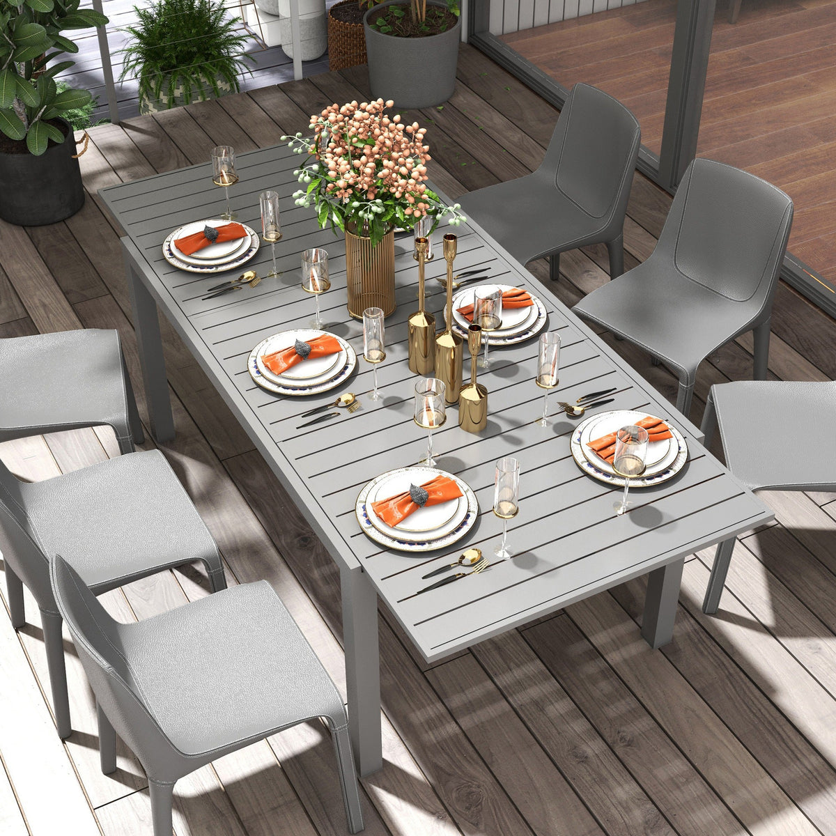Aluminum Expandable Dining Table for 6-8, Rectangle Patio Table for Garden, Charcoal Grey